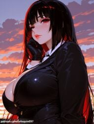 1girl ai_generated arlequin097 black_gloves black_hair black_jacket blunt_bangs breasts cleavage cloud cloudy_sky colored_inner_hair gloves hime_cut jabami_yumeko jacket kakegurui large_breasts lips long_hair long_sleeves looking_at_viewer multicolored_hair outdoors red_eyes red_hair shiny_clothes shirt sky solo sunset two-tone_hair upper_body