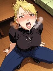 ai_generated big_breasts blonde_female blonde_hair clothed clothed_female cum cum_in_mouth cum_on_breasts fullmetal_alchemist fullmetal_alchemist_brotherhood fully_clothed riza_hawkeye squatting