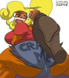 1girls anthro ass big_ass big_breasts big_butt big_penis bimbo black breasts bubble_butt busty cameltoe coco_bandicoot crash_(series) dark-skinned_female dark-skinned_male dark_skin disembodied_penis eyeshadow female glasses huge_ass hyper_bimbo lenbasisky lipstick looking_back makeup marsupial nervous penis precum raised_eyebrow sideboob solo vein veiny_penis