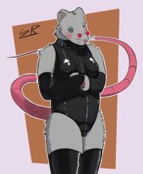 absurd_res anthro armwear blush clothing eyewear female fur glasses grey_body grey_fur hi_res latex latex_armwear latex_clothing latex_legwear legwear mammal murid murine nipple_outline pubic_mound rat rat_tail red_eyewear red_glasses rodent skytte_rat_(sona) slightly_chubby sniperratafterdark solo standing tail thick_thighs wearing_glasses