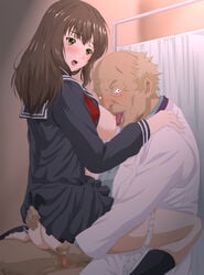 1boy 1girls age_difference ass black_legwear blush breast_sucking breasts brown_eyes brown_hair clothed_sex female food_print higashitaishi ichigo_100_percent large_breasts long_hair old_man older_male older_man_and_teenage_girl panties panties_around_leg school_uniform schoolgirl serafuku sex skirt skirt_lift socks straddling straight strawberry_print teenage_girl teenager toujou_aya ugly_man underwear upright_straddle white_panties younger_female