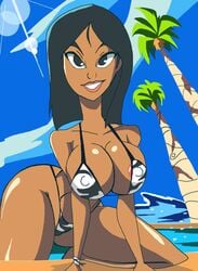 1girls all_fours alternate_breast_size areola areola_slip asian bare_shoulders bent_over big_breasts bikini bikini_bottom bikini_top black_eyes black_hair breasts brown_skin busty cleavage curvy dark-skinned_female dark_skin day detailed_background disney disney_princess erect_nipple erect_nipples fa_mulan female female_only front_view hourglass_figure human looking_at_viewer manic47 midriff mulan mulan_(1998_film) nipple_bulge ocean outdoor outside pose posing shadow shiny shiny_skin short_hair sitting smiling solo sun swimsuit tan tanned_skin thong tree voluptuous water wave wide_hips