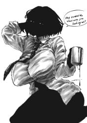 big_boobs big_breasts black_body black_eyes black_hair black_skin breasts entity female huge_boobs huge_tits humanoid mn90047517 monster nate_hand_gesture shirt staring staring_at_viewer tagme tie tits void white_shirt