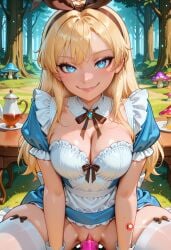 1girl adult_woman ai_generated alice_in_wonderland apron blonde_hair blue_dress blue_eyes blush bow breasts cleavage forest frills headband long_hair looking_at_viewer maid_apron mushrooms outdoors rabbit_ears ruffles sitting smile solo tea_set teapot