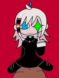 1female 1girl 1girls 2d 2d_(artwork) 2d_artwork ahoge black_dress blue_eye breasts clothed clothed_sex clothing cowgirl_position dark-skinned_male dark_skin female fully_clothed gemini_(google) google hair hair_ornament iiiichimaru_03 iiiichimaru_03_(style) light-skinned_female light_skin male medium_breasts medium_hair movement_lines mv_character necklace no_neck one_finger_up red_background simple_background smile star_eye tagme vocaloid voisona white_hair