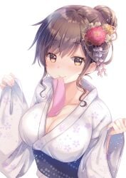 1girl blush bra breasts brown_hair cleavage clothed exposed_breasts flower flower_hair_ornament flower_in_hair gomano_rio hair_bun hair_ornament highres japanese_clothes kimono large_breasts nipples original straight_hair tied_hair yukata