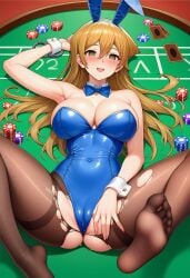 1girl ai_generated alexis_rhodes armpits ass ass_visible_through_thighs blonde_hair blush breasts brown_eyes bunny bunny_costume bunny_girl bunnysuit card casino chained_cuffs chained_wrists chains cuffs empty_eyes feet female hair_between_eyes handcuffs hourglass_figure hypnosis leotard looking_at_viewer lying mind_control one_arm_up open_mouth pantyhose playing_card poker_chip poker_table pussy pussy_juice pussy_visible_through_clothes ripped_stockings seductive_smile smile smiling smiling_at_viewer soles solo spread_ass spread_legs sweat sweating sweaty sweaty_body tenjouin_asuka thick_thighs thighs timebreaker_(generator) tits toes woman yu-gi-oh! yu-gi-oh!_gx