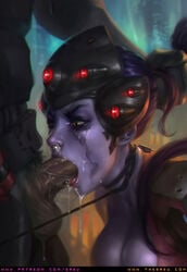 breasts cleavage dark-skinned_male defeated erection fellatio female male oral overwatch overwatch_2 penis rape reaper runny_makeup sabudenego straight widowmaker