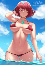 1girls 2021 beach bikini cslucaris english_commentary highres outdoors pyra pyra_(xenoblade) red_bikini red_eyes short_hair solo xenoblade_(series)