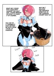 blush blushing comic english_text female_pervert laundry maid maid_uniform natsuki_subaru pink_hair ram_(re:zero) re:zero_kara_hajimeru_isekai_seikatsu shockerdoc5261 sniffing sniffing_clothes text