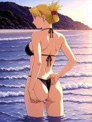 ai_generated beach beach_background big_ass big_breasts bikini bikini_bottom bikini_top blonde_female blonde_hair butt fullmetal_alchemist fullmetal_alchemist_brotherhood in_water lifting_ass pulling_panties riza_hawkeye