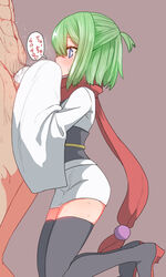 1boy black_legwear blue_eyes blush fellatio female green_hair highres kneeling obi oral original red_scarf sash scarf sumiyao_(amam) thighhighs translation_request white_skirt wide_sleeves yunomiya_agari