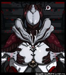 2017 breast_grab breast_squeeze breasts chair cum deadbrainnsfw female heart humanoid large_breasts male paizuri pov robot saryn_(warframe) sitting size_difference video_games warframe