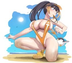 1girl =_= absurdres alternate_breast_size_(larger) beach black_hair blonde_streaks blue_eyes blue_sky blush border breasts cleavage commentary constricted_pupils cosplay crocs day familiar full_body full_cleavage goddess_of_victory:_nikke high_ponytail highres irregular_border kneeling labia_slip large_breasts long_hair looking_back marciana_(marine_study)_(nikke) marciana_(nikke) marciana_(nikke)_(cosplay) multicolored_hair navel nijisanji nijisanji_en on_one_knee orange_slingshot_swimsuit outside_border pentomo_(petra_gurin) petra_gurin ponytail skindentation sky slingshot_swimsuit slingshot_swimsuit_pull solo_focus streaked_hair sun swimsuit two-tone_hair virtual_youtuber visor_cap whistle whistle_around_neck whistle_in_mouth white_border yarashi_thought yellow_visor_cap