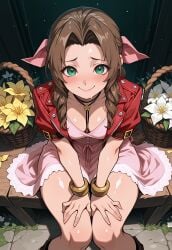 1girl aerith_gainsborough aerith_gainsborough_(pink_mermaid) ai_generated bangle basket bench blush boots bow bracelet braid breasts brown_footwear brown_hair choker cleavage closed_mouth clothing cropped_jacket downblouse dress drill_hair feet_out_of_frame female final_fantasy final_fantasy_vii flower footwear from_above green_eyes hair_ornament hair_ribbon hands_on_lap hands_on_own_knees hands_on_own_thighs jacket jewelry knees_together_feet_apart lily_(flower) long_hair looking_at_viewer medium_breasts open_clothes open_jacket outdoors parted_bangs pink_bow pink_dress pink_ribbon red_jacket ribbon sallylove short_sleeves side_drill sidelocks sitting smile solo sweat sweatdrop thighs white_flower yellow_flower