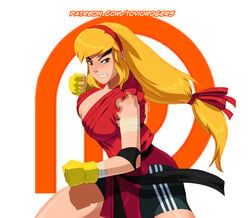 1girls attacking_viewer blonde_hair blue_eyes breasts busty capcom cleavage female female_only genderswap glaring huge_ass huge_breasts ken_masters rule_63 solo street_fighter tovio_rogers voluptuous