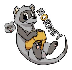 1boy 3_toes al-cat backpack black_nose blue_eyes blush feet ferret fur furry grey_fur male_only mammal mustelid normey_(al-cat) original_character pawpads paws simple_background testicles text toes tongue tongue_out