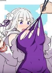 chopsticks ecjhonny89 emilia_(re:zero) large_breasts nipples re:zero_kara_hajimeru_isekai_seikatsu white_hair