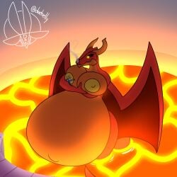 1boy 1girls 2026 big_breasts breasts breath commission daebelly dragon enter_the_gungeon female hi_res high_dragun horns huge_breasts hugging interspecies lava male male/female original_character pregnant pregnant_female red_body red_skin size_difference standing sucking_nipples wings yellow_eyes