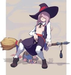 basket black_panties broom broom_riding clothed_masturbation clothing collaboration female fingering flat_chest full_body hair_over_one_eye hat highres kollerss little_witch_academia long_hair maiz-ken masturbation mushroom nipples open_clothes open_shirt panties panties_aside pink_hair pussy pussy_juice red_eyes shirt sitting skirt skirt_lift smile solo straight_hair sucy_manbavaran thighhighs underwear white_legwear witch_hat wrist_cuffs