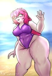 1girls beach breasts female female_only floppanormal friday_night_funkin friday_night_funkin_mod mid-fight_masses pink_hair sarvente_(dokki.doodlez) sweat swimsuit tagme