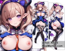 arknights arknights:_endfield blonde_hair blue_dress breasts dakimakura dakimakura_(medium) dakimakura_design horns liino_(arknights:_endfield) looking_at_viewer purple_eyes pussy