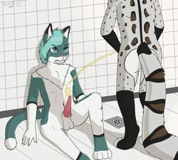 2017 abraxas anthro domination feline fur genet golden_shower male mammal peeing penis public shower submissive urine valty valtykeaton viverrid watersports yaoi