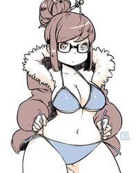 1girls bikini female female_only glasses kenron_toqueen mei_(overwatch) open_coat overwatch solo