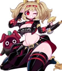bangboo_(zenless_zone_zero) blush bottom_heavy burnice_white cleavage curvy gigantic_ass holding_firearm huge_breasts hyper_ass kneeling one_eye_closed red_moccus_(zenless_zone_zero) reinsleif salute smile thick_thighs voluptuous wide_hips zenless_zone_zero