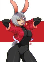1girls 2026 arms_behind_head black_bodysuit bodysuit breasts commission female female_only gloves grey_hair hi_res jacket looking_at_viewer open_mouth rabbit_ears rabbit_girl rabbit_tail red_eyeliner red_eyes red_jacket short_hair smiling smiling_at_viewer solo thick_thighs tovio_rogers wide_hips wink winking_at_viewer