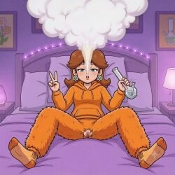 1girls ai_generated bed bedroom blowing_smoke blue_eyes bong brown_hair clothed drugs exhaling_smoke hoodie marijuana mario_(series) nintendo orange_clothing peace_sign princess_daisy ripped_pants smoking socks solo super_mario_bros. vagina weed