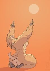 anthro ass breasts double_middle_finger female huge_ass jollyjack middle_finger muscular muscular_female sharp_teeth solo sun thick_thighs werewolf