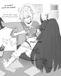 blush blushing clothed clothed_sex clothes clothing desk desk_sex dominant_female female female_focus female_only honkai_(series) honkai_impact_3rd hoyoverse imminent_sex kiana_kaslana larger_female longer_hair office office_lady office_sex raiden_mei shorter_female smaller_female submissive_female table table_sex taller_female yuri