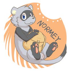 1boy 3_toes al-cat backpack black_nose blue_eyes blush feet ferret fur furry grey_fur male_only mammal mustelid normey_(al-cat) original_character pawpads paws simple_background testicles toes