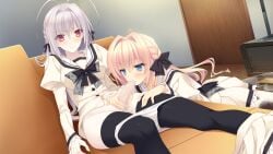 1boy 1girl antenna_hair back_bow back_double_bow bent_over black_bow black_bowtie black_thighhighs blonde_hair blue_eyes blush bow bowtie braid buttons carpet censored chest_of_drawers closed_mouth couch crossdressing crossdressing_(mtf) door double_bowtie dutch_angle est_gealach_arnotts fellatio frilled_skirt frilled_sleeves frills from_side game_asset grabbing_another's_penis grey_bow grey_bowtie grey_hair hair_bow hair_intakes hand_on_another's_thigh hetero hunched_over indoors juliet_sleeves kneeling long_sleeves looking_at_penis mosaic_censoring multiple_hair_bows non-web_source nose_blush official_art on_couch on_floor oral panties panty_pull penis plaid_bow plaid_bowtie plaid_clothes pleated_skirt puffy_sleeves red_eyes sailor_collar sakurakouji_saika school_uniform self-datamine shirt sitting skirt skirt_around_one_ankle suzuhira_hiro thighhighs trap tsuki_ni_yorisou_otome_no_sahou_2 underwear white_panties white_sailor_collar white_shirt white_skirt