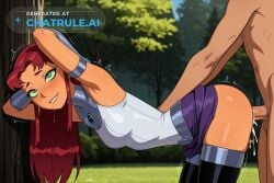 1girl ai_assisted ai_generated armband arms_behind_head cock_in_pussy collar cowgirl creampie embarrassed gorget green_eyes green_sclera harness inside leaning_forward light_smile looking_at_viewer moaning orange_skin outside parted_bangs pussy_sex red_hair rolling_eyes saliva shaking side_view skirt solo starfire_(teen_titans) stockings teen_titans tree vambraces white_shirt