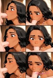 1girl 1girl1boy ai_assisted ai_generated arousal black_hair blowjob brown_eyes close_up cock curly_hair dark_skinned_female deepthroat erect eyes_rolled_back fellatio intimate licking lustful moana moaning necklace oral_sex penis pleasure quivering saliva slobber suction tongue worship