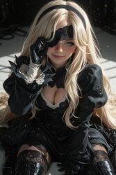 18yo 1girl 20yo 2b 2b_(nier:automata) ai ai_generated black_blindfold black_dress black_footwear black_gloves black_hairband black_thighhighs blindfold blonde_hair blue_eyes boots breasts cleavage cleavage_cutout closed_mouth clothing_cutout cosplay diana_(pragmata) dress feather-trimmed_sleeves freckles gloves hairband hi_res large_breasts lips long_hair long_sleeves looking_at_viewer medium_breasts mole mole_under_mouth nier:_automata nier_(series) one_eye_covered patreon photorealistic pragmata puffy_sleeves realistic realistic_textures sitting smile solo thigh_boots thighhighs thighhighs_under_boots very_long_hair wariza watermark yorha_2b yorha_no._2_type_b young younger_female