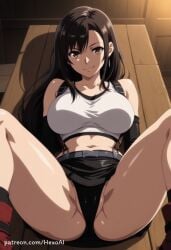 1girl ai_generated artist_name ass bare_shoulders belt black_hair black_panties black_skirt breasts brown_eyes brown_hair cameltoe closed_mouth collarbone crop_top earrings elbow_gloves english_text final_fantasy final_fantasy_vii final_fantasy_vii_remake gloves hexogen jewelry large_breasts long_hair looking_at_viewer low-tied_long_hair midriff miniskirt navel on_back panties partially_visible_vulva patreon_username pencil_skirt red_footwear shirt sitting skirt smile socks solo spread_legs suspender_skirt suspenders tank_top taut_clothes taut_shirt thighs tifa_lockhart underwear web_address white_shirt white_tank_top