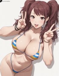 1girl 1girls ai_generated bangs bikini bracelet breasts brown_eyes brown_hair collarbone double_v fingernails hi_res high_quality high_resolution highres kujikawa_rise large_breasts light light_blush lips long_hair looking_at_viewer midriff navel nose opal_nemy open_mouth patreon_logo patreon_url patreon_username persona persona_4 plain_background self_upload shadow shiny shiny_clothes shiny_hair shiny_skin simple_background solo string_bikini swimsuit thighs tongue tongue_out twintails upper_teeth_only watermark white_background
