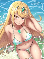 1girls 2021 beach bikini blonde_hair cslucaris english_commentary highres long_hair mythra_(xenoblade) outdoors solo xenoblade_(series) yellow_eyes