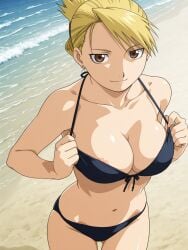ai_generated beach beach_background big_breasts bikini bikini_bottom bikini_top blonde_female blonde_hair fullmetal_alchemist fullmetal_alchemist_brotherhood riza_hawkeye