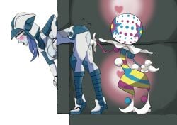 1boy 1girls alien alien_girl blacephalon blue_body blue_eyes blue_nipples blue_pupils blue_pussy blue_skin blue_tongue bodysuit female fingering from_behind large_breasts male_pokemon/female_human nintendo pokemon pokemon_sm pokemon_usm pokephilia ponytail rape raped_by_monster soliera_(pokemon) stuck stuck_in_wall through_wall tied_hair tongue_out torn_bodysuit torn_clothes ultra_recon_squad