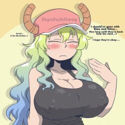 1girls artist_signature big_boobs big_breasts blonde_hair blue_hair blush blush_lines blushing boobs breasts closed_eyes clothing dragon dragon_girl hat heat horns huge_boobs huge_breasts kobayashi-san_chi_no_maidragon lucoa multicolored_hair nipple_bulge quetzalcoatl_(dragon_maid) sayasushiswag simple_background sweat sweatdrop sweaty white_skin