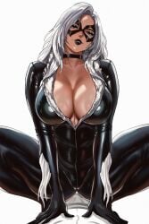 1boy 1girl absurdres big_breasts black_bodysuit black_cat_(marvel) black_lips black_mask blue_eyes bodysuit boxers breasts choker clawed_gloves cleavage collarbone commentary curvy domino_mask english_commentary eye_mask felicia_hardy fur-trimmed_bodysuit fur_trim girl_on_top highres large_breasts latex latex_bodysuit lips lipstick long_hair looking_at_viewer makeup male_underwear marvel mask simple_background skin_tight spider-man_(series) squatting squatting_cowgirl_position superhero_costume thick_thighs thighs underwear white_background white_hair witlessfrawn
