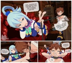 aqua_(konosuba) barefoot blue_hair collar dialogue dress erenart48 feet feet_licking feet_worship femdom foot_fetish foot_lick foot_worship kono_subarashii_sekai_ni_shukufuku_wo! leash leash_and_collar licking_foot malesub satou_kazuma slave text