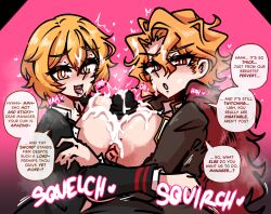 1boy 2d 2d_(artwork) 2girls after_ejaculation after_orgasm areolae between_breasts big_breasts blonde_hair blush breasts breasts_out clothed clothing cum cumming_from_paizuri cumshot dankestsin dante_(limbus_company) dialogue don_quixote_(limbus_company) double_paizuri ejaculating_cum ejaculation ejaculation_between_breasts english_text engulfing_paizuri female hair_between_eyes hearts hearts_around_head hi_res huge_breasts large_breasts limbus_company looking_at_viewer male male_pov nipples open_mouth paizuri penis pov pov_eye_contact project_moon red_eyes sancho_(limbus_company) short_hair speech_bubble text titfuck titjob tongue tongue_out yellow_eyes