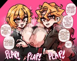 1boy 2d 2d_(artwork) 2girls areolae between_breasts big_breasts blonde_hair breasts breasts_out clothed clothing dankestsin dante_(limbus_company) dialogue don_quixote_(limbus_company) double_paizuri english_text engulfing_paizuri female hair_between_eyes hi_res huge_breasts large_breasts limbus_company looking_at_viewer male male_pov nipples paizuri penis pov pov_eye_contact project_moon red_eyes sancho_(limbus_company) short_hair speech_bubble text titfuck titjob yellow_eyes