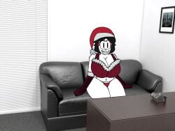 angela_(incredibox_the_bells) black_hair casting_couch christmas christmas_clothing christmas_hat christmas_headwear christmas_outfit couch earrings elbow_gloves eyelashes gloves imminent_sex incredibox incredibox_mod incredibox_the_bells large_breasts light-skinned_female light_skin looking_off_screen photo_background real_background santa_hat shiny_clothes sitting sitting_down smile smiling thick_thighs thong unaware white_skin