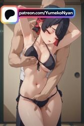 1boy 1girl ai_generated alternate_breast_size armpits arms_behind_head arms_up bangs bare_shoulders bathroom bikini bikini_pull black_bikini black_hair black_swimsuit blunt_bangs blurry blurry_background blush bob_cut breast_grab breasts character_name cleavage clothed_female_nude_male collarbone covered_nipples cowboy_shot depth_of_field ellen_joe eyebrows_visible_through_hair faceless faceless_male fingering frills front-tie_bikini front-tie_top grabbing grabbing_from_behind groin groping hair_ribbon half-closed_eye half-closed_eyes halter_top halterneck hand_in_panties hand_under_clothes head_tilt heart hetero indoors large_breasts locker looking_at_viewer medium_breasts midriff multicolored_hair navel nude one_eye_closed open_mouth panties parted_lips phone phone_screen pointy_ears recording red_eyes red_hair red_ribbon ribbon safe short_hair side-tie_bikini skindentation solo_focus speech_bubble standing stomach swimsuit thigh_gap thighs tongue underboob untied viewfinder wide_hips zenless_zone_zero zzz